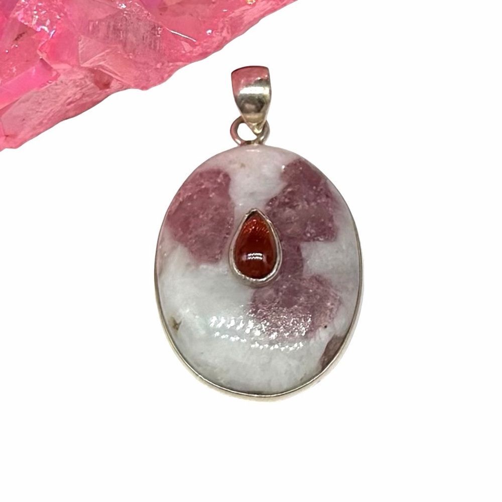 Pink Tourmaline in Quartz Carnelian Necklace Pendant Solid 925 Sterling Silver